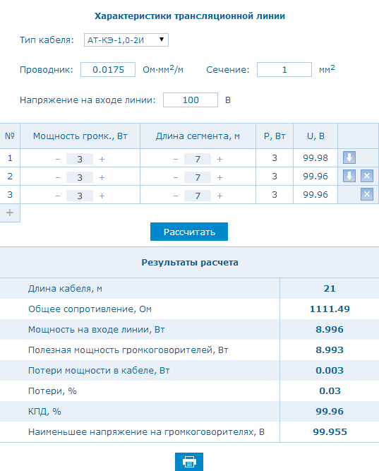 Расчет потерь в кабеле ответвления